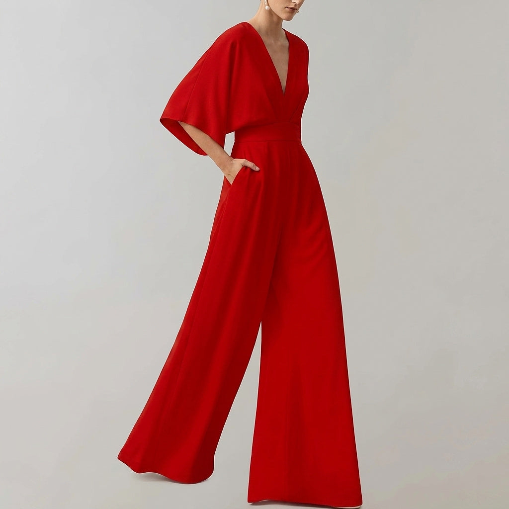 Mono de pierna ancha para mujer con cuello en V-Jumpsuits for women-Casaluzia