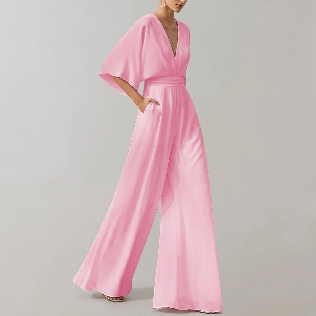 Mono de pierna ancha para mujer con cuello en V-Jumpsuits for women-Casaluzia