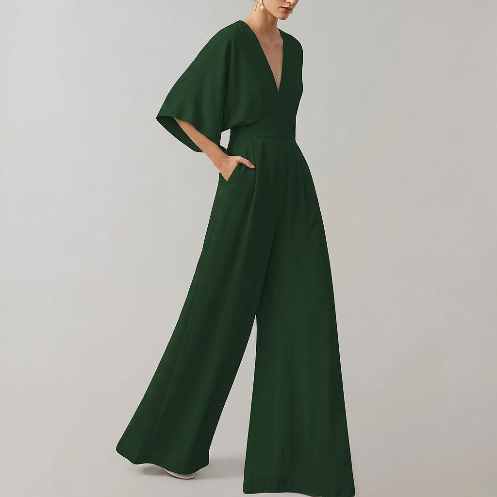 Mono de pierna ancha para mujer con cuello en V-Jumpsuits for women-Casaluzia