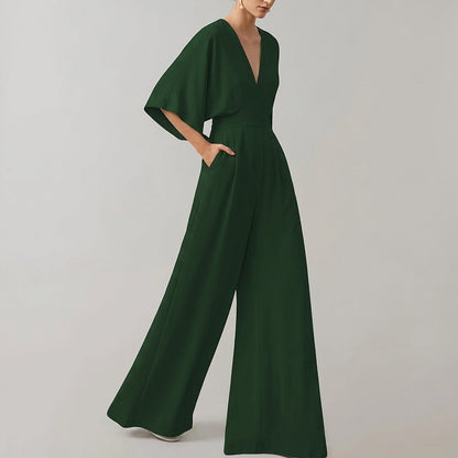 Mono de pierna ancha para mujer con cuello en V-Jumpsuits for women-Casaluzia