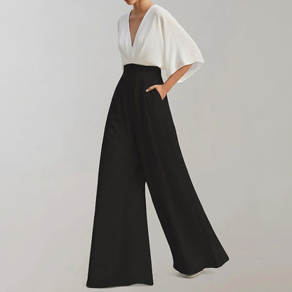 Mono de pierna ancha para mujer con cuello en V-Jumpsuits for women-Casaluzia