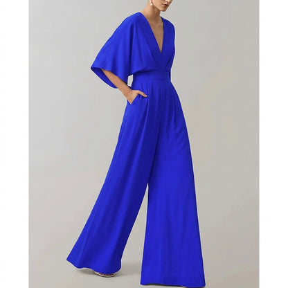 Mono de pierna ancha para mujer con cuello en V-Jumpsuits for women-Casaluzia