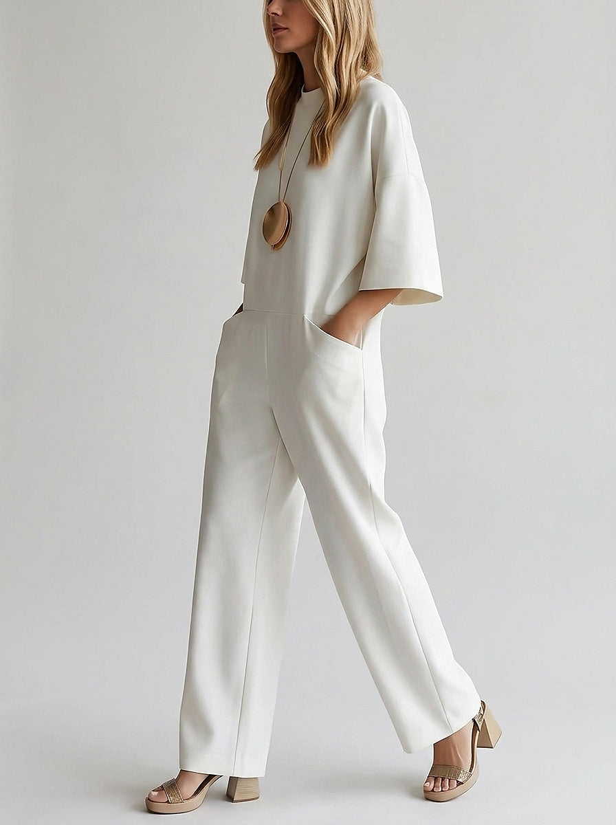 Mono de pierna ancha para mujer con cuello redondo-Jumpsuits for women-Casaluzia