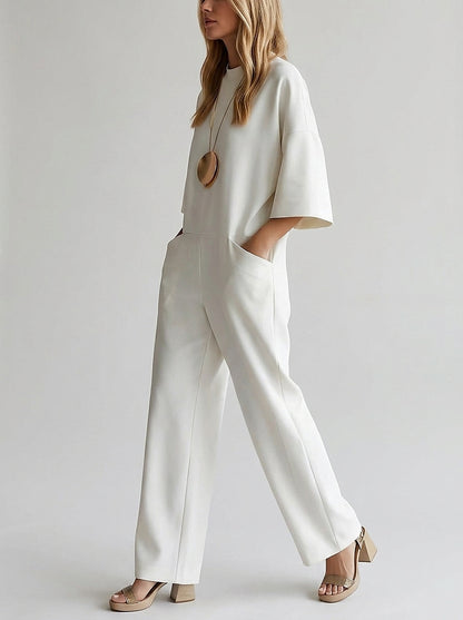 Mono de pierna ancha para mujer con cuello redondo-Jumpsuits for women-Casaluzia