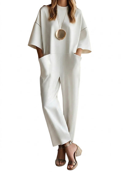 Mono de pierna ancha para mujer con cuello redondo-Jumpsuits for women-Casaluzia