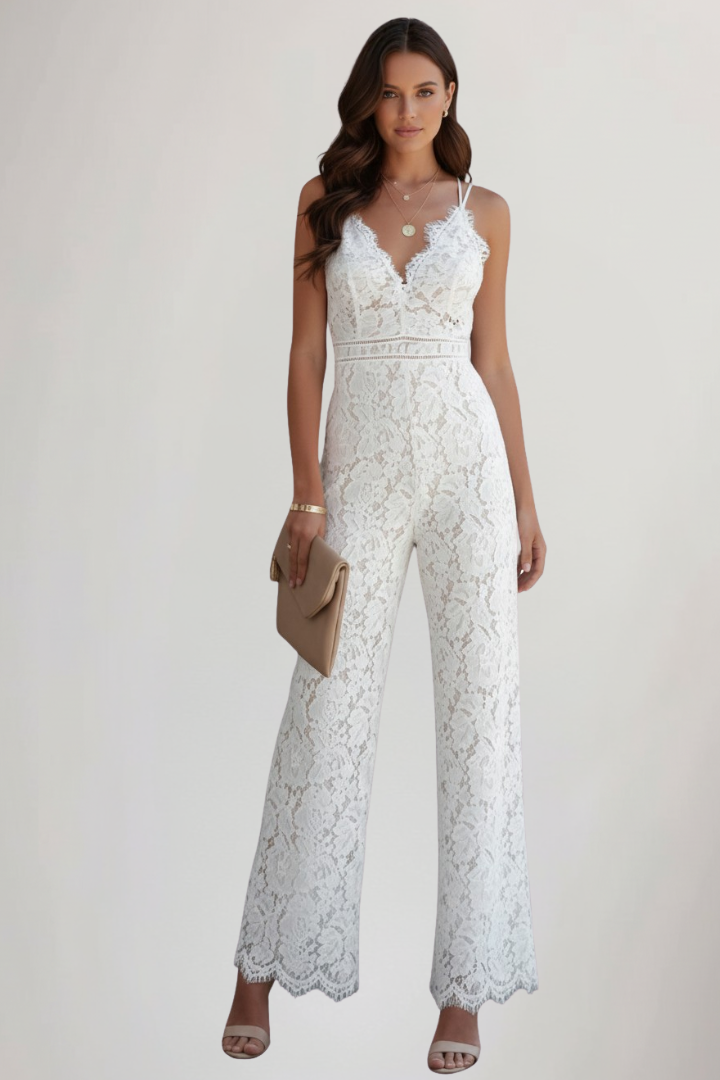Mono largo de encaje sin mangas con cuello en V para mujer-Jumpsuits for women-Casaluzia
