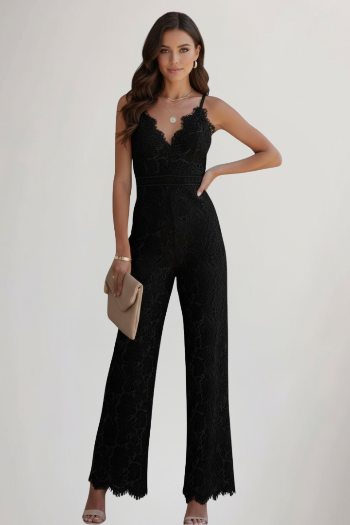 Mono largo de encaje sin mangas con cuello en V para mujer-Jumpsuits for women-Casaluzia