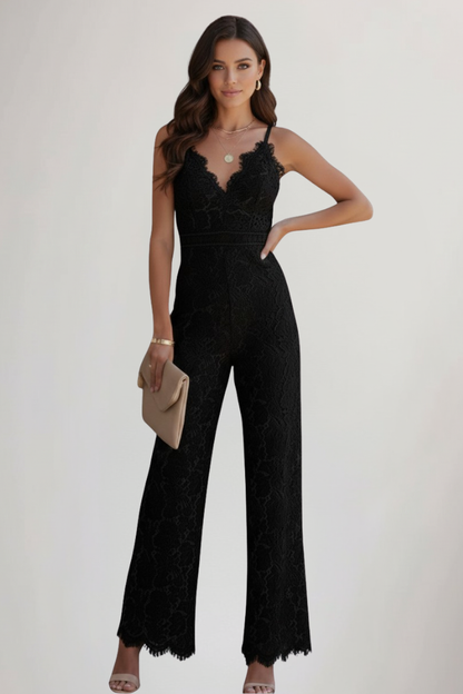 Mono largo de encaje sin mangas con cuello en V para mujer-Jumpsuits for women-Casaluzia