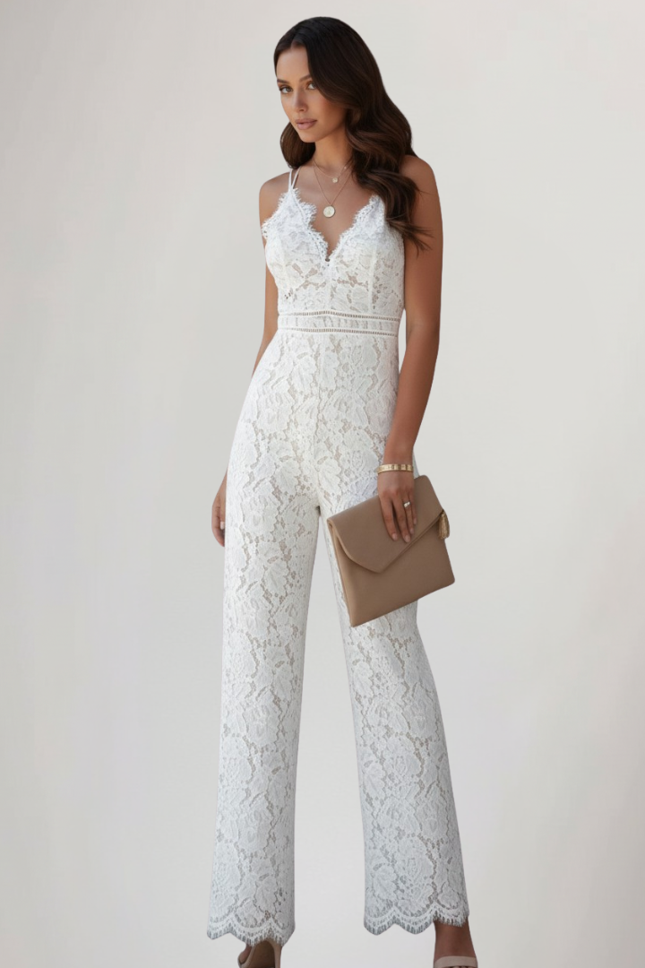 Mono largo de encaje sin mangas con cuello en V para mujer-Jumpsuits for women-Casaluzia