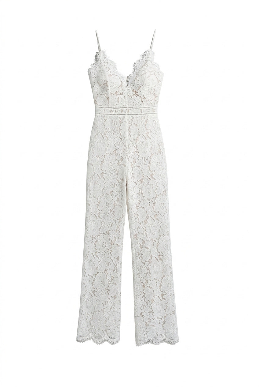 Mono largo de encaje sin mangas con cuello en V para mujer-Jumpsuits for women-Casaluzia