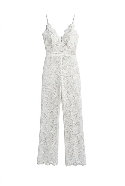 Mono largo de encaje sin mangas con cuello en V para mujer-Jumpsuits for women-Casaluzia