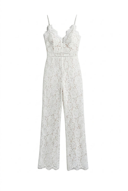 Mono largo de encaje sin mangas con cuello en V para mujer-Jumpsuits for women-Casaluzia