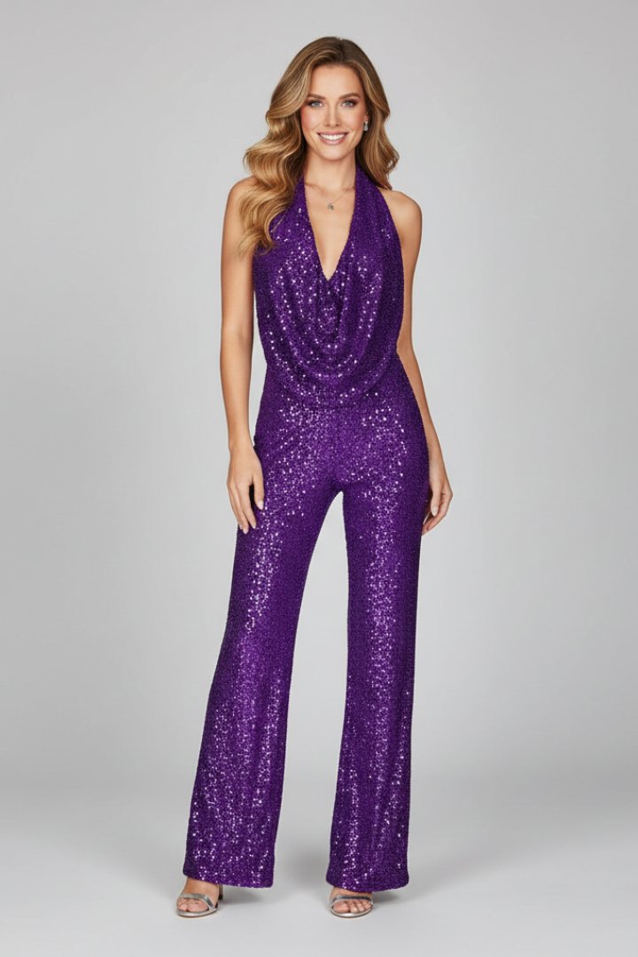 Mono largo de pierna ancha con cuello desbocado y lentejuelas para mujer-Jumpsuits for woman-Casaluzia