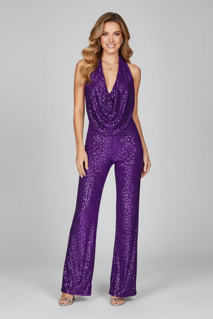 Mono largo de pierna ancha con cuello desbocado y lentejuelas para mujer-Jumpsuits for woman-Casaluzia