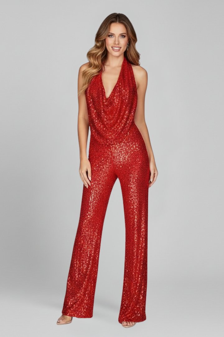 Mono largo de pierna ancha con cuello desbocado y lentejuelas para mujer-Jumpsuits for woman-Casaluzia
