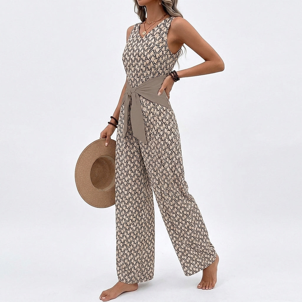 Mono largo sin mangas con cuello en V y lazo en la cintura para mujer-Jumpsuits for women-Casaluzia
