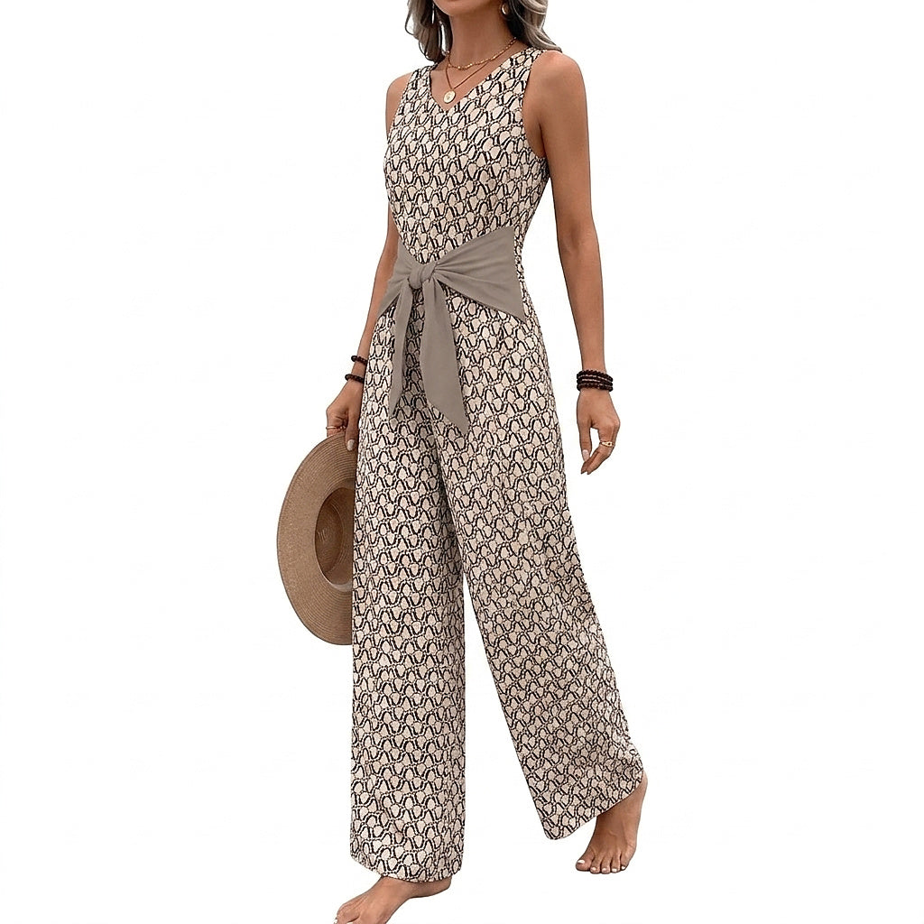 Mono largo sin mangas con cuello en V y lazo en la cintura para mujer-Jumpsuits for women-Casaluzia