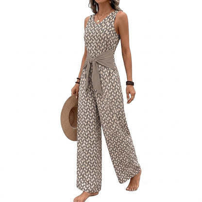 Mono largo sin mangas con cuello en V y lazo en la cintura para mujer-Jumpsuits for women-Casaluzia