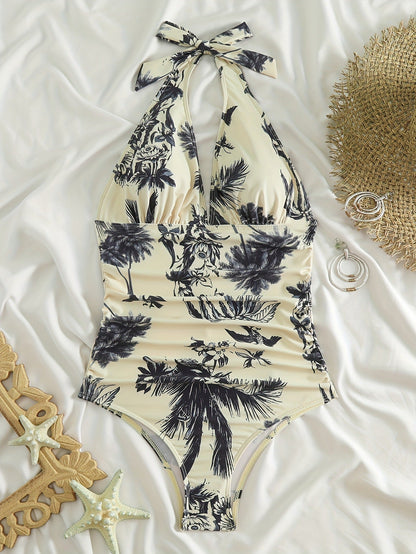Mujer Bañador de Una Pieza con Cuello Halter y Estampado de Palmeras-Swimwear for women-Casaluzia