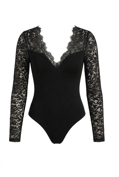 Mujer Blusa Body con Mangas de Encaje y Escote Profundo-Blouses for women-Casaluzia