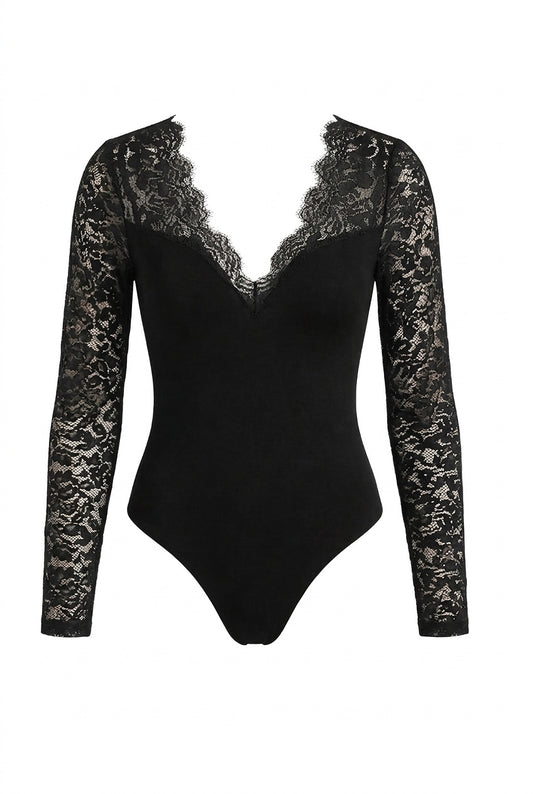 Mujer Blusa Body con Mangas de Encaje y Escote Profundo-Blouses for women-Casaluzia