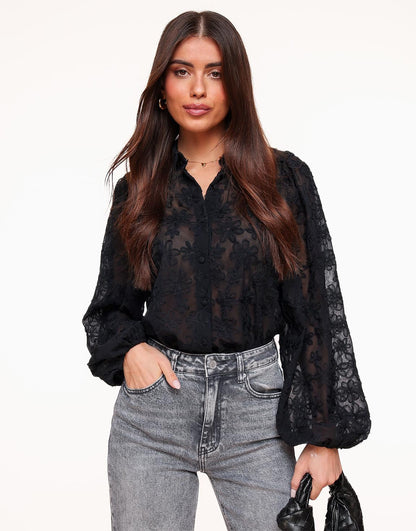 Mujer Blusa con Bordado Floral y Mangas Abullonadas-Blouse for women-Casaluzia
