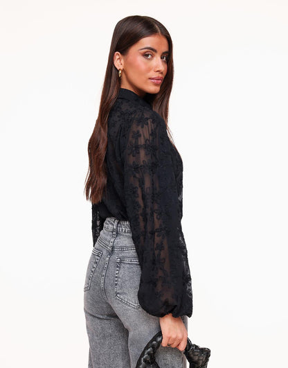 Mujer Blusa con Bordado Floral y Mangas Abullonadas-Blouse for women-Casaluzia