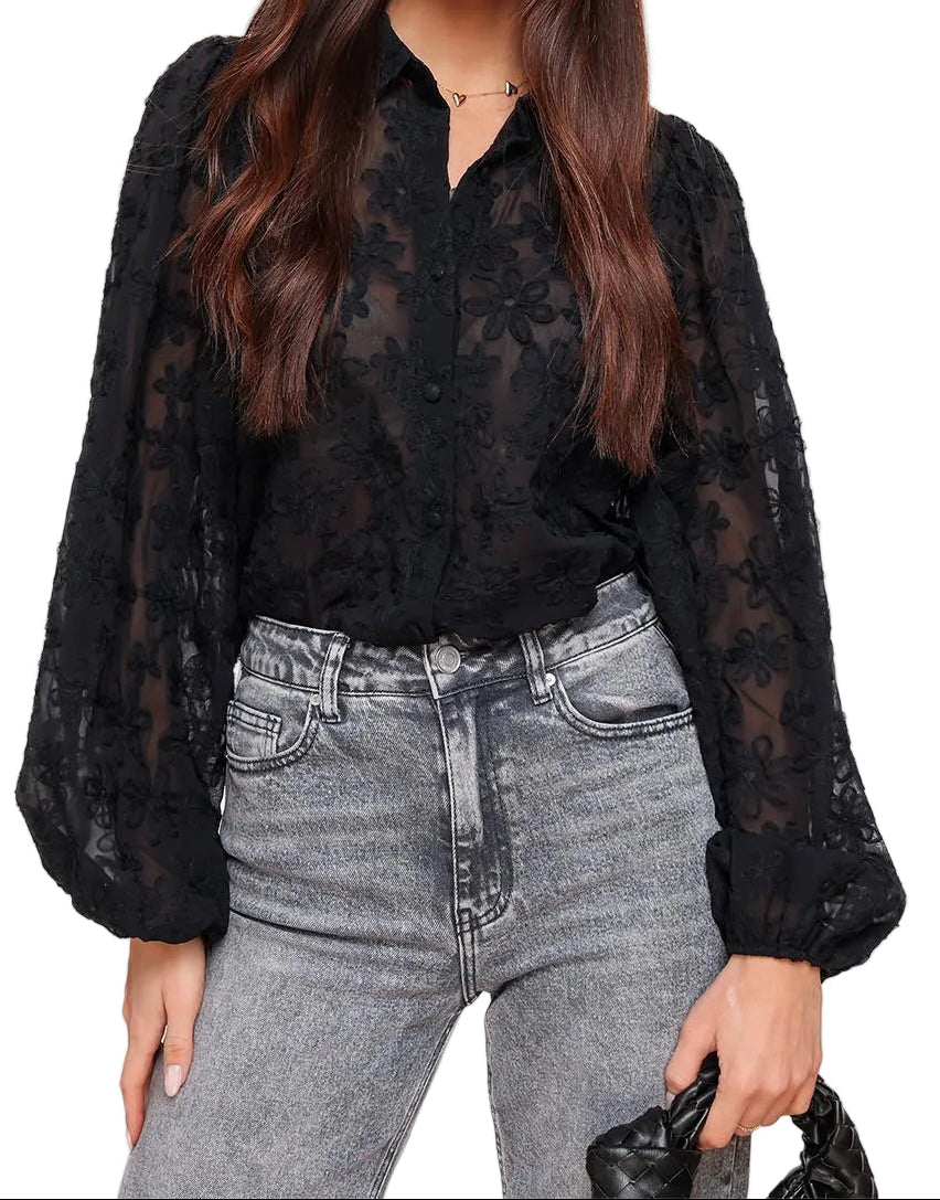 Mujer Blusa con Bordado Floral y Mangas Abullonadas-Blouse for women-Casaluzia