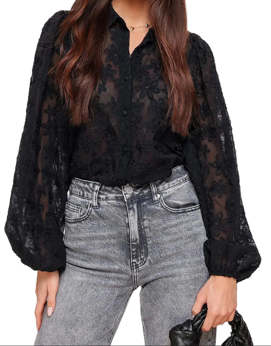 Mujer Blusa con Bordado Floral y Mangas Abullonadas-Blouse for women-Casaluzia