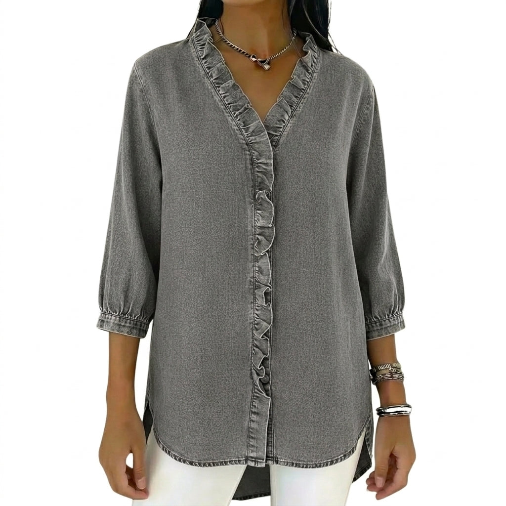 Mujer Blusa con Cuello en V y Ribete de Volantes-Blouse for women-Casaluzia