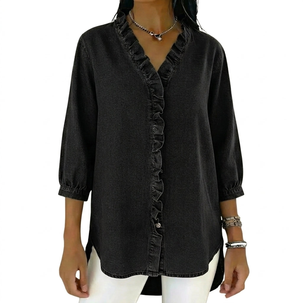 Mujer Blusa con Cuello en V y Ribete de Volantes-Blouse for women-Casaluzia