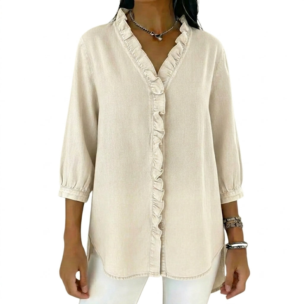 Mujer Blusa con Cuello en V y Ribete de Volantes-Blouse for women-Casaluzia