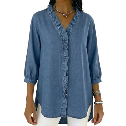 Mujer Blusa con Cuello en V y Ribete de Volantes-Blouse for women-Casaluzia