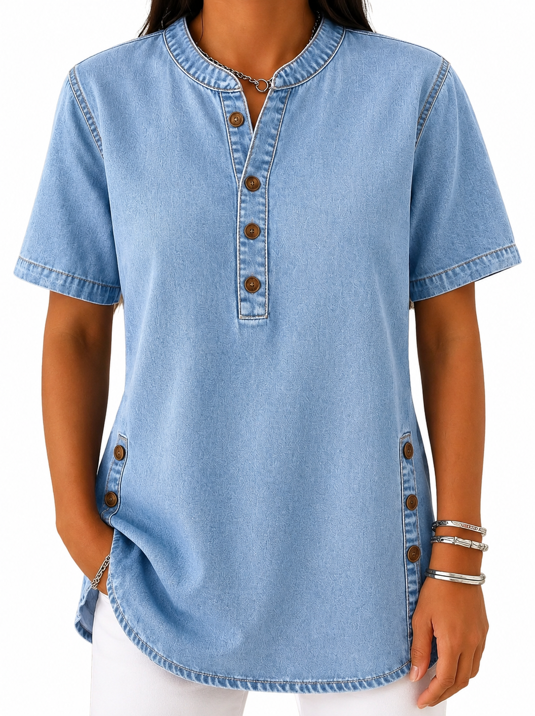Mujer Blusa con Cuello Redondo y Tapeta de Botones-Blouses for women-Casaluzia