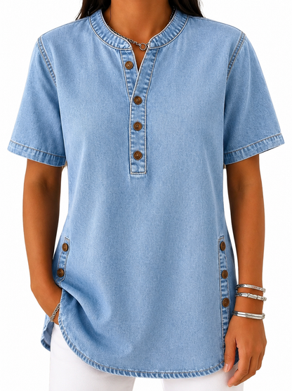 Mujer Blusa con Cuello Redondo y Tapeta de Botones-Blouses for women-Casaluzia