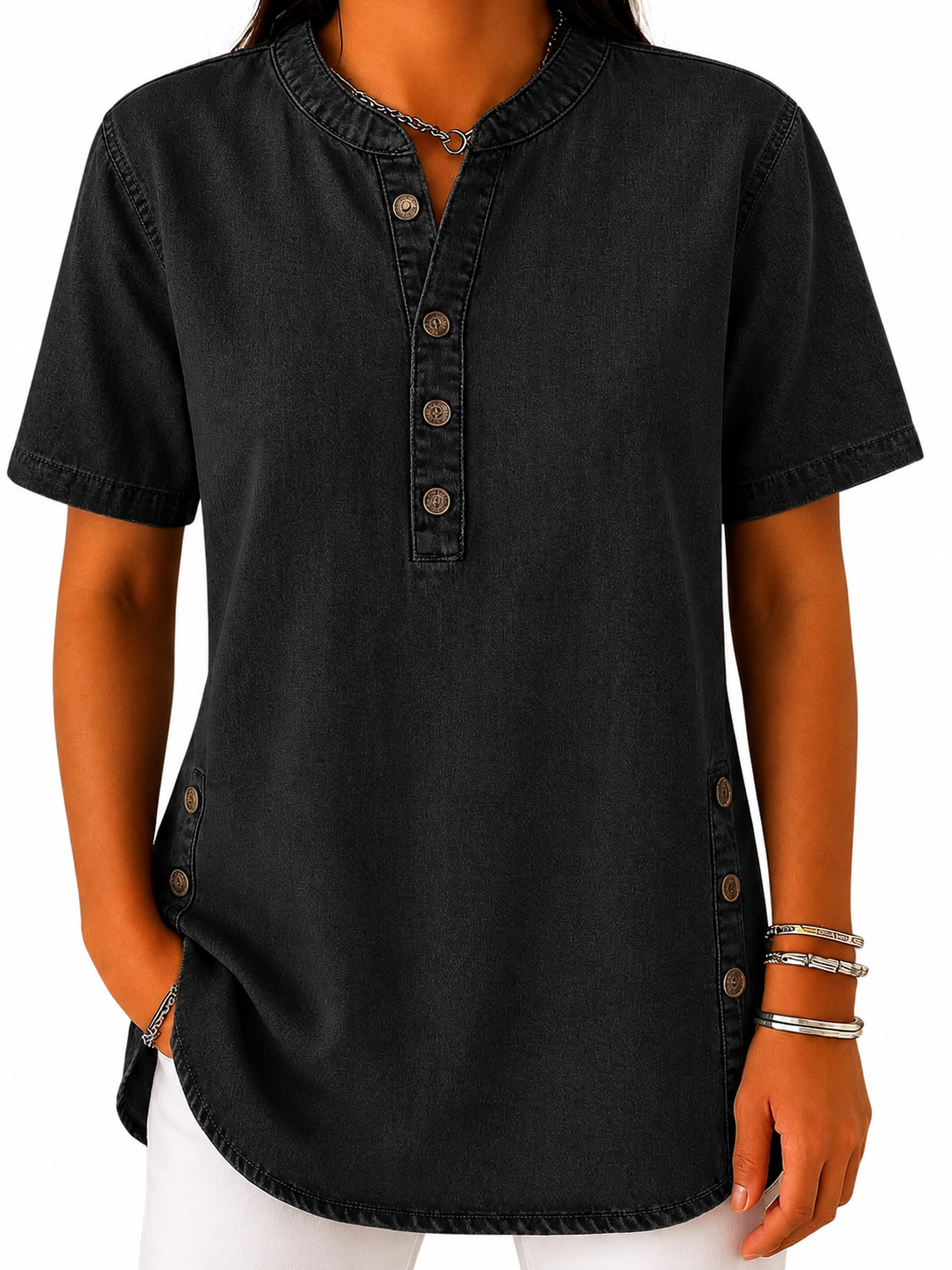 Mujer Blusa con Cuello Redondo y Tapeta de Botones-Blouses for women-Casaluzia