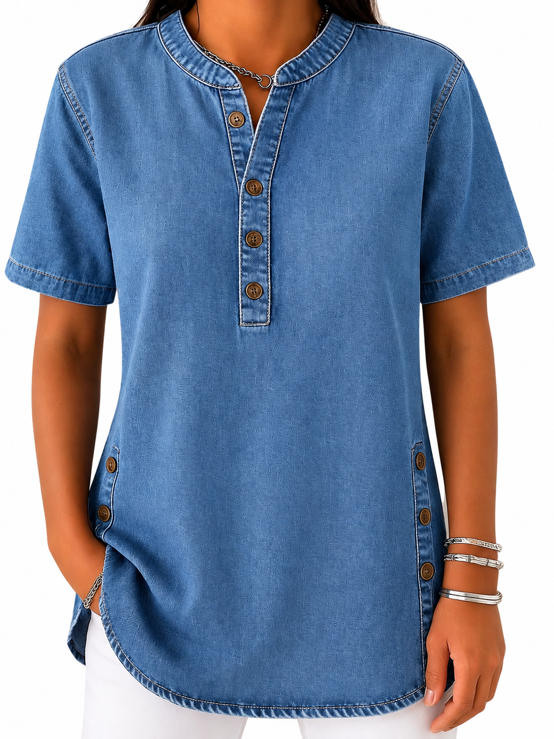 Mujer Blusa con Cuello Redondo y Tapeta de Botones-Blouses for women-Casaluzia