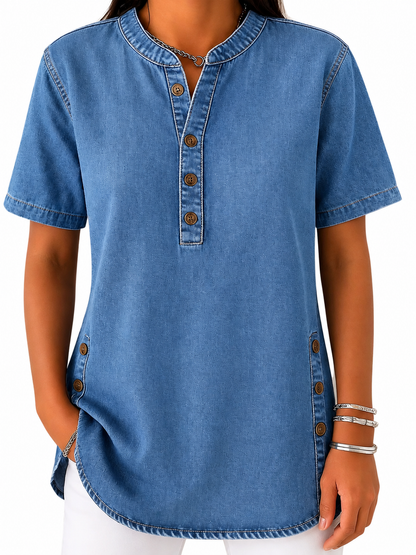 Mujer Blusa con Cuello Redondo y Tapeta de Botones-Blouses for women-Casaluzia