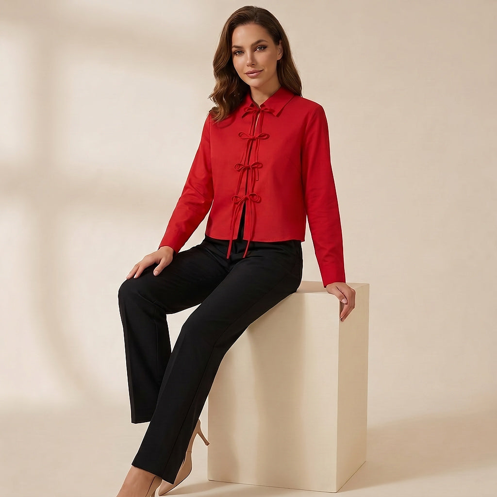 Mujer, Blusa de Manga Larga con Cierres de Lazo Frontales-Blouse for women-Casaluzia