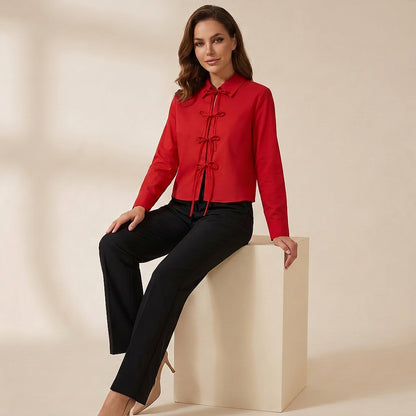 Mujer, Blusa de Manga Larga con Cierres de Lazo Frontales-Blouse for women-Casaluzia
