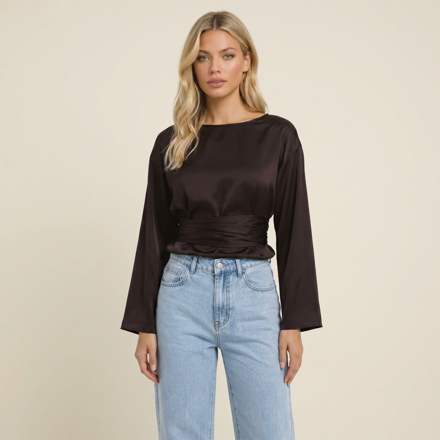 Mujer Blusa de Manga Larga con Cuello Barco y Lazo en la Cintura-Blouse for women-Casaluzia