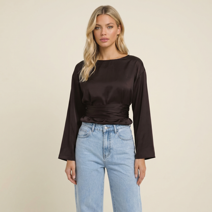 Mujer Blusa de Manga Larga con Cuello Barco y Lazo en la Cintura-Blouse for women-Casaluzia