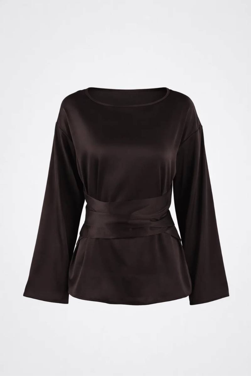 Mujer Blusa de Manga Larga con Cuello Barco y Lazo en la Cintura-Blouse for women-Casaluzia