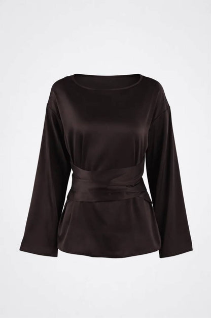 Mujer Blusa de Manga Larga con Cuello Barco y Lazo en la Cintura-Blouse for women-Casaluzia