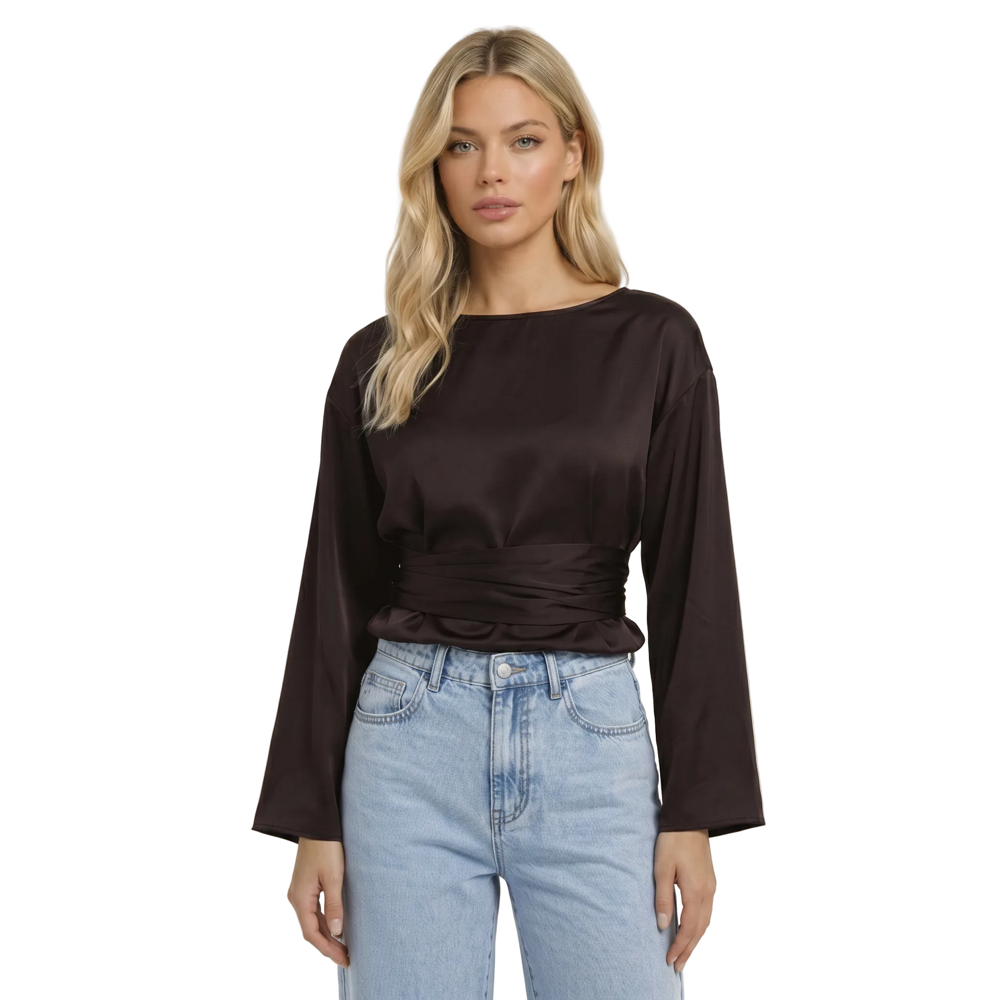 Mujer Blusa de Manga Larga con Cuello Barco y Lazo en la Cintura-Blouse for women-Casaluzia