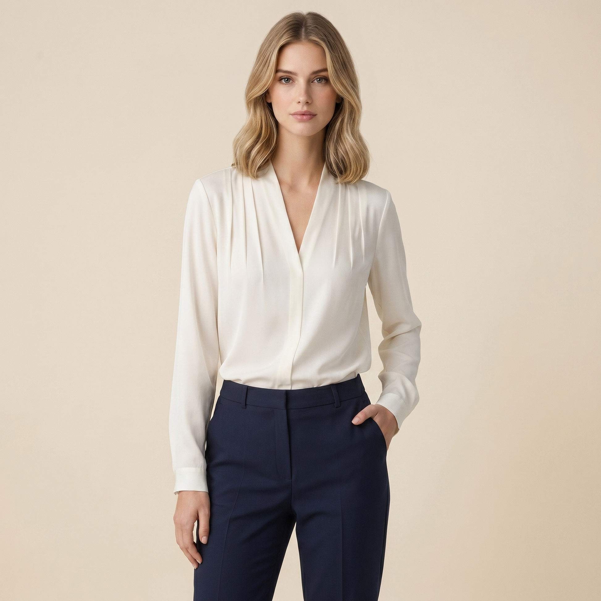 Mujer Blusa de Manga Larga con Cuello en V y Pliegues Frontales-Blouse for women-Casaluzia