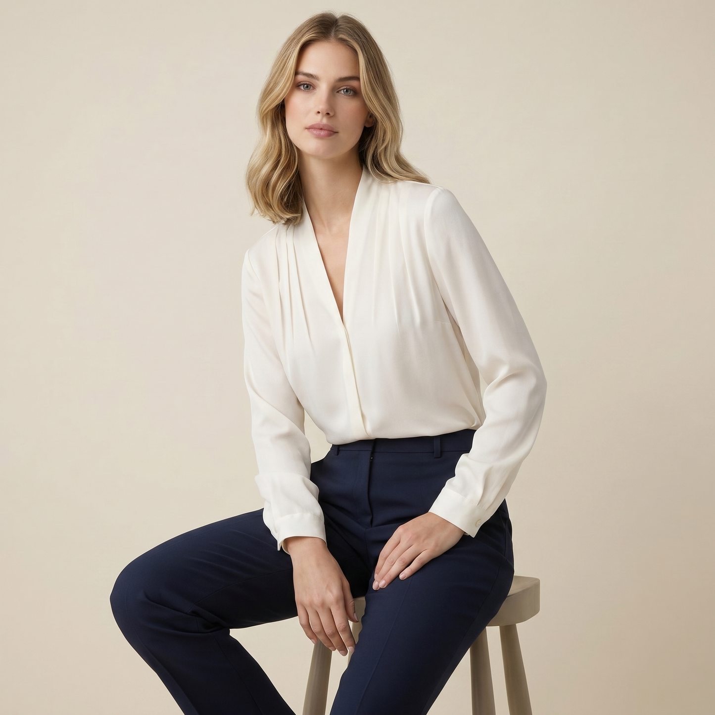 Mujer Blusa de Manga Larga con Cuello en V y Pliegues Frontales-Blouse for women-Casaluzia