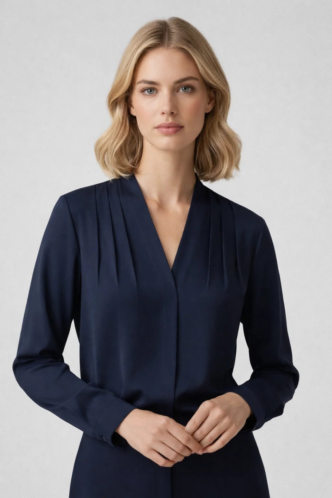 Mujer Blusa de Manga Larga con Cuello en V y Pliegues Frontales-Blouse for women-Casaluzia