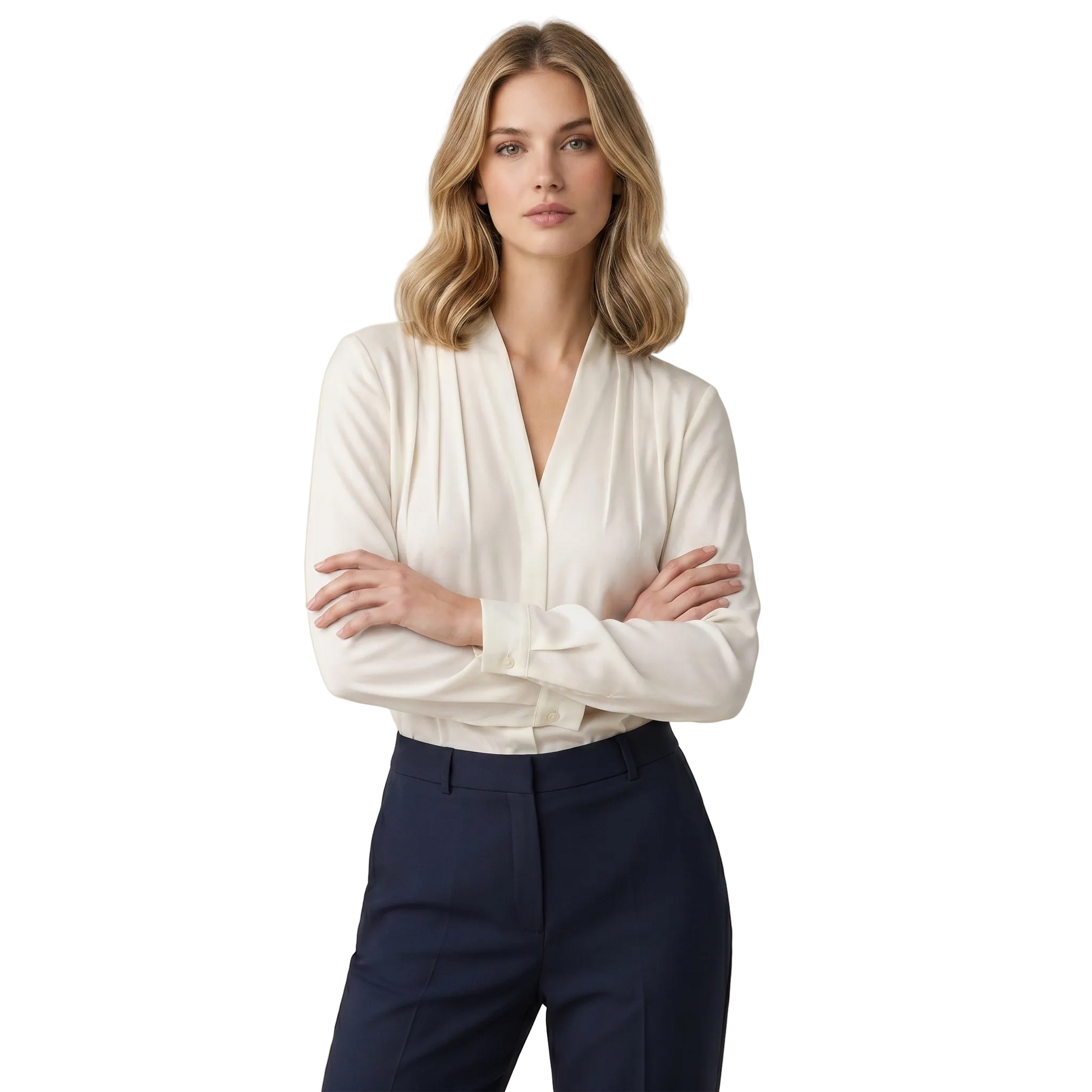 Mujer Blusa de Manga Larga con Cuello en V y Pliegues Frontales-Blouse for women-Casaluzia