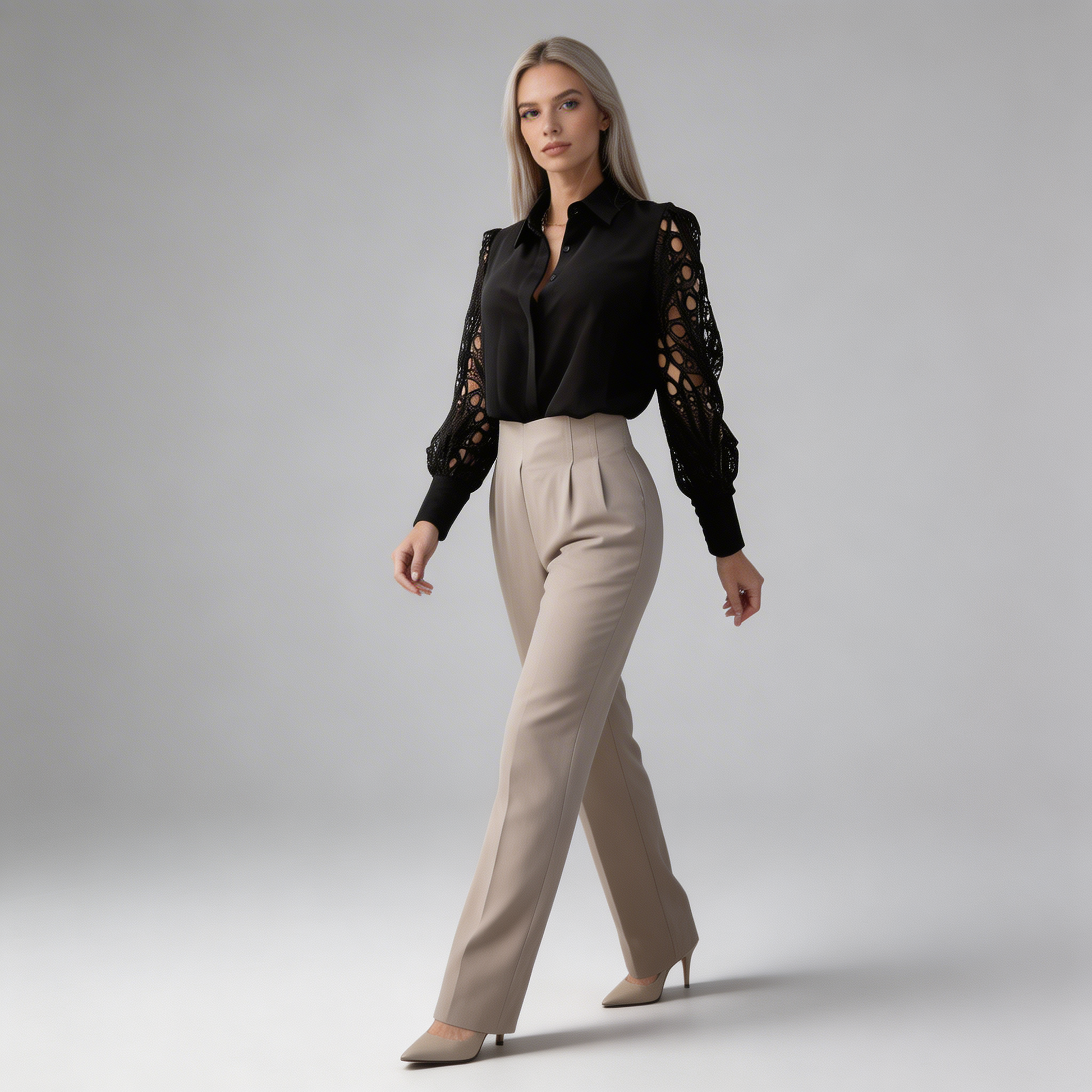 Mujer Blusa de manga larga con detalles calados y cuello camisero-Blouse for women-Casaluzia